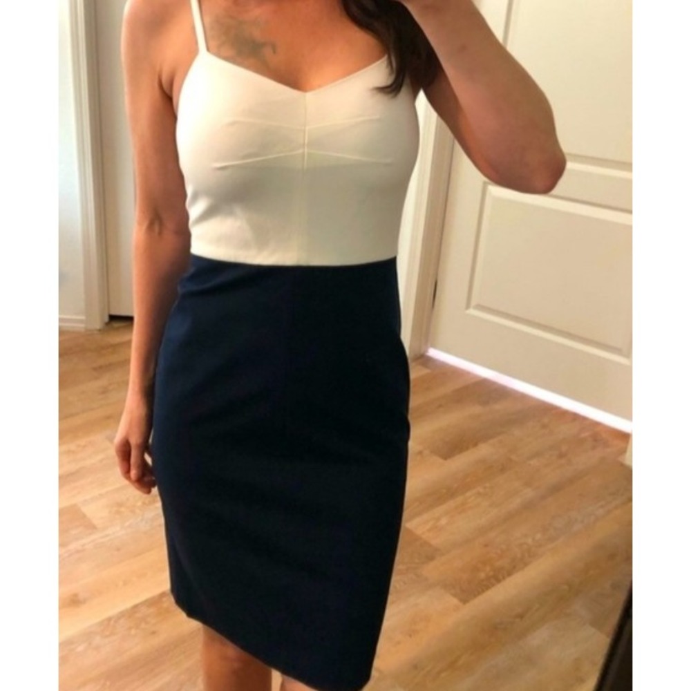 BANANA REPUBLIC Women's 0 White And Navy Sheath DRESS Spaghetti Strap Nautical